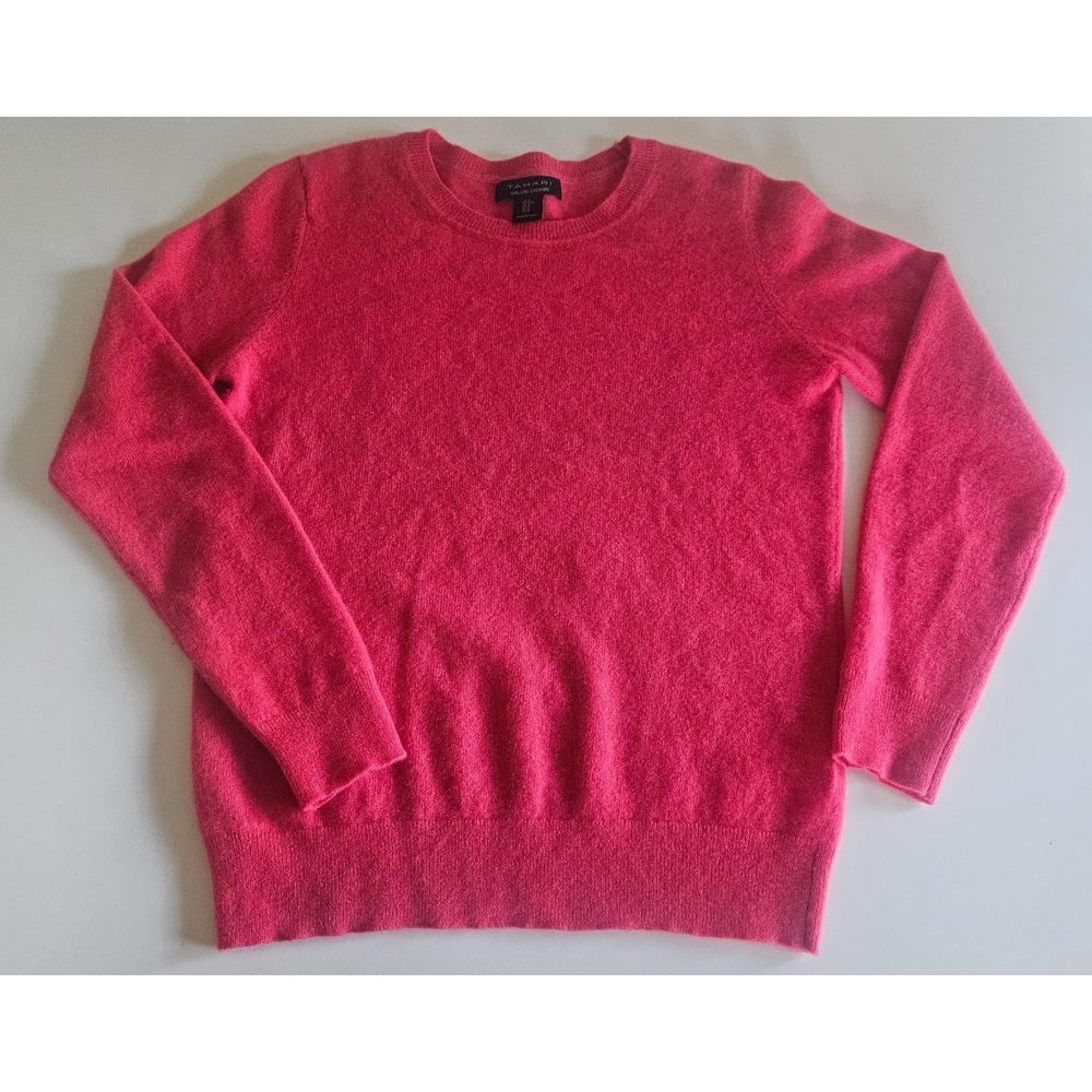 Tahari 100% 2-Ply Cashmere Sweater Women's M Fuchsia Pink  Crew Neck Luxury Knit - Picture 8 of 8